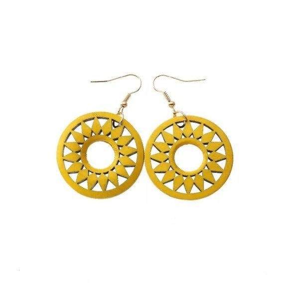 Handmade Round Yellow Balsa Wood Earrings - Picture 1 of 1